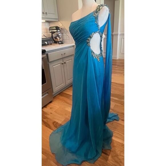 PRECIOUS FORMAL NWT BLUE JEWELED ONE SHOULDER GOWN WAIST JEWELED CUTOUT WOMENS 4 - Picture 3 of 16